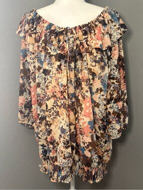 Lane Bryant Floral Peasant Top in Cream, Brown, Blue, & Pink Size 22/24